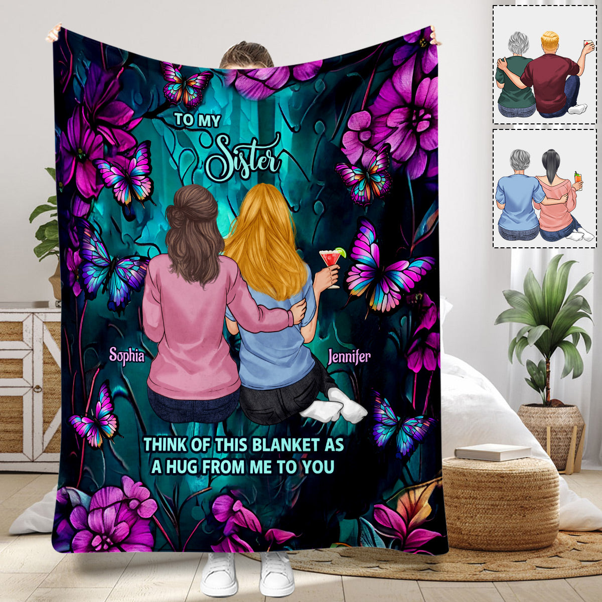 Beste Freundinnen-Decke mit türkisfarbenen und lila Schmetterlingen – Geschenk für Freunde – Personalisierte Decke