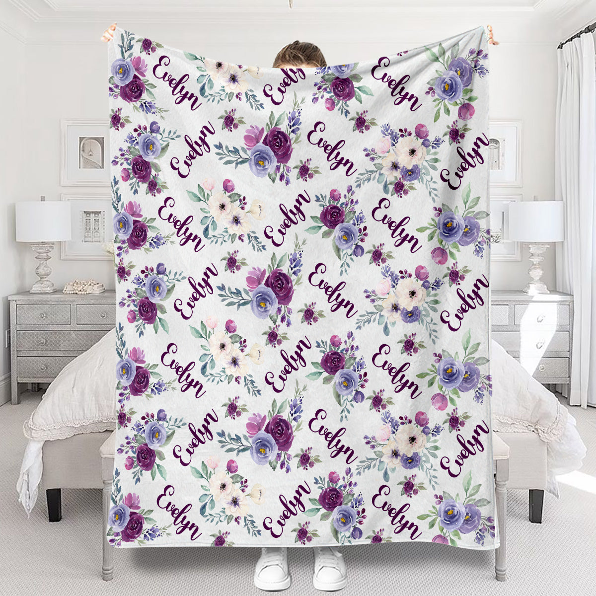 Custom Name Purple Flowers - Personalized Newborn Blanket
