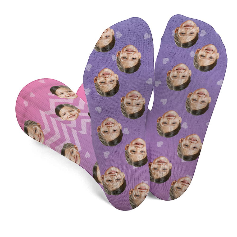 Chaussettes personnalisées pour fille, motif violet et visage personnalisé