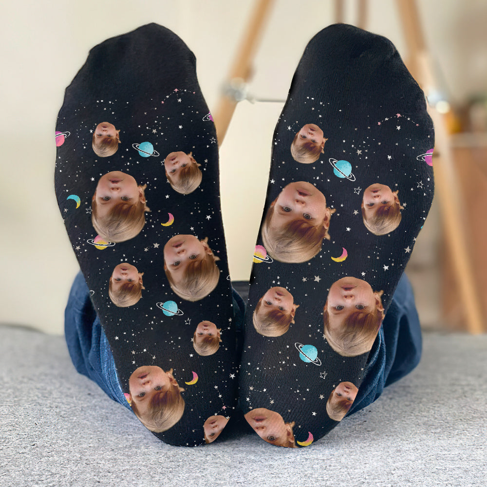 Chaussettes personnalisées pour petite-fille - Visage personnalisé Galaxie