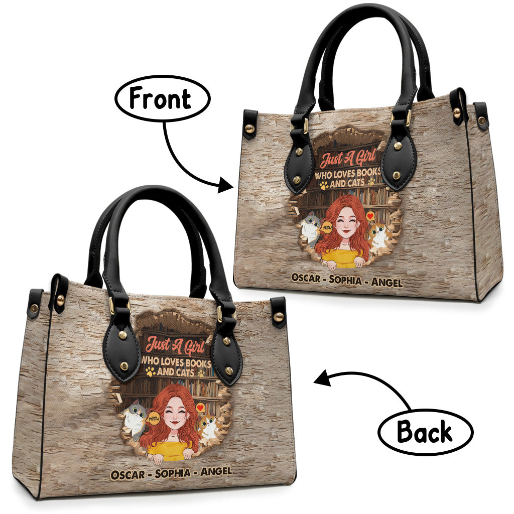 Sac à main en cuir personnalisé « J’aime les livres et les chats »