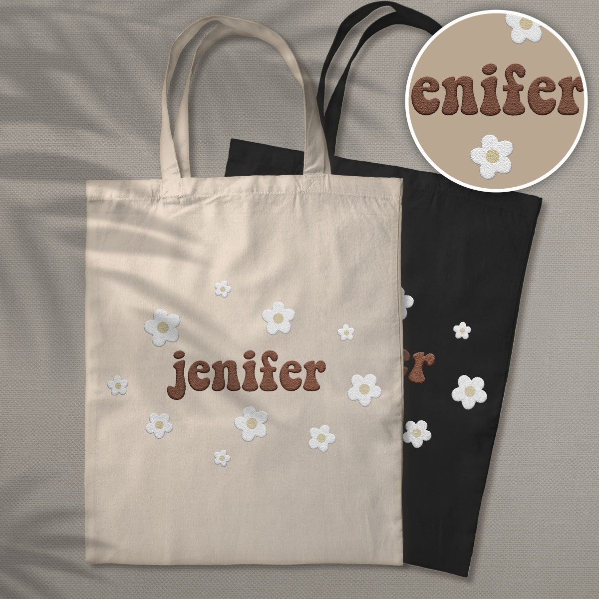 Sac fourre-tout brodé personnalisé avec nom et fleur - Nom personnalisé pour tante