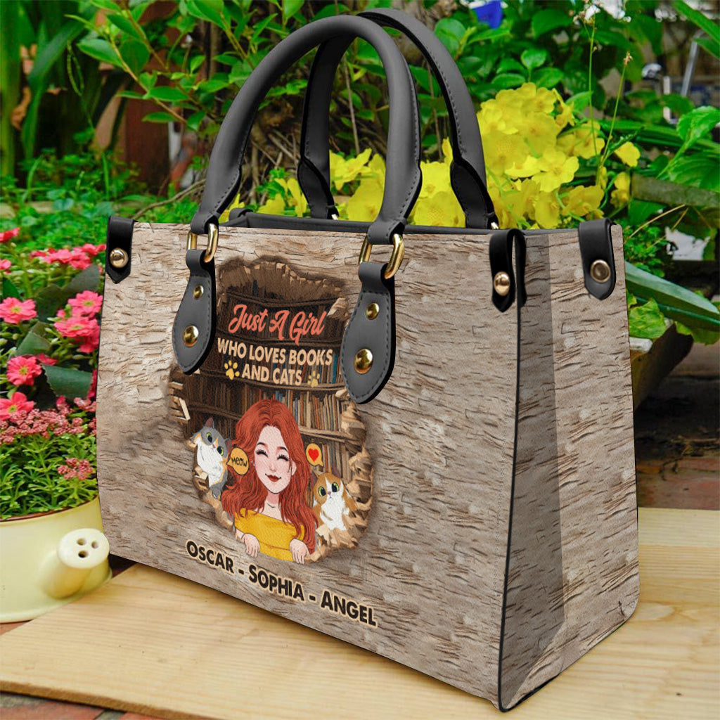 Sac à main en cuir personnalisé « J’aime les livres et les chats »