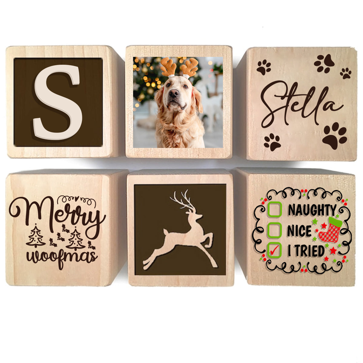 Fröhliche Wuff-Weihnachten! Meowy Weihnachts-Bausteinornament – ​​Geschenk für Hunde- und Katzenliebhaber – Personalisierter Bausteinornament