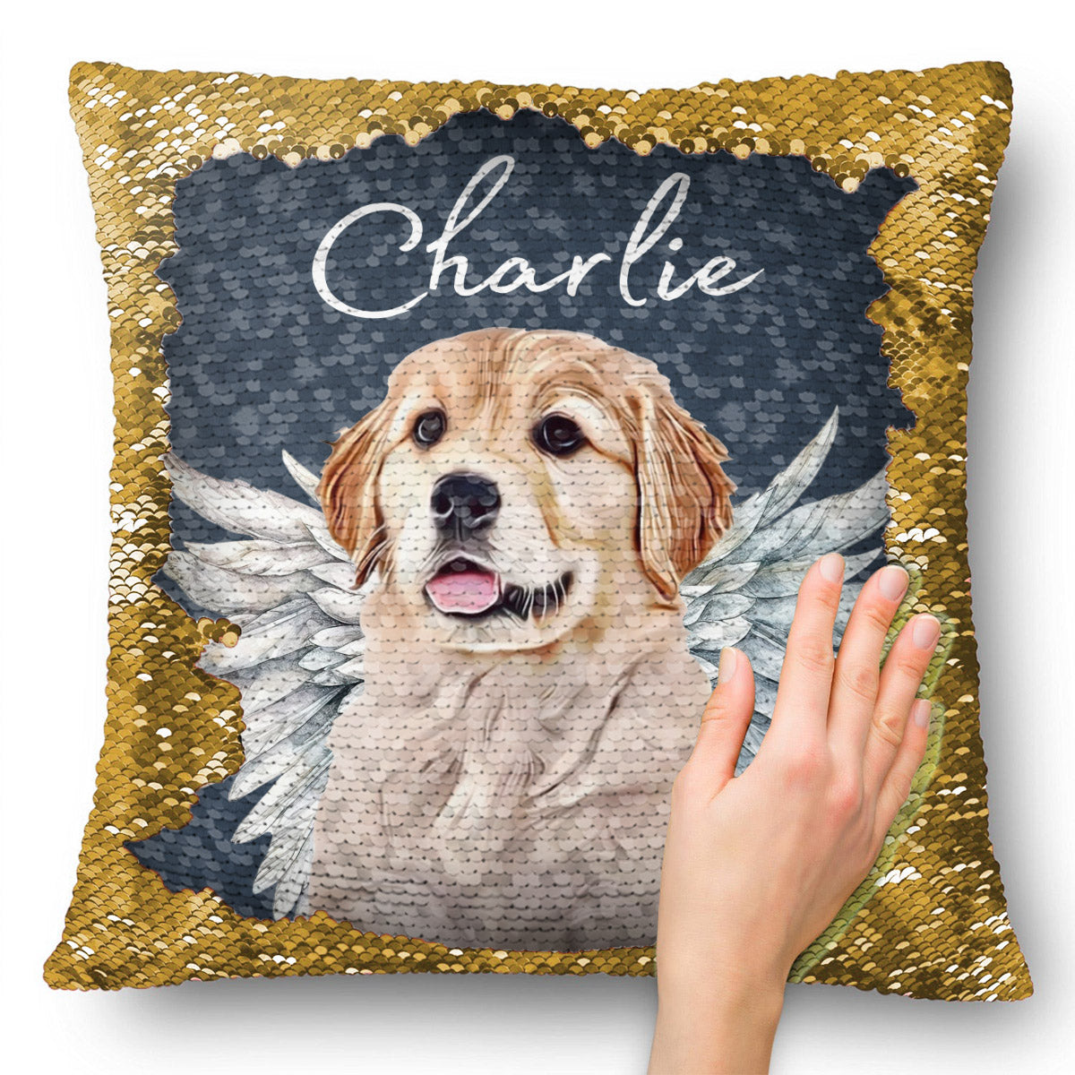 Engelsflügel für Hunde und Katzen – Geschenk für Hunde- und Katzenliebhaber, für Trauernde nach einem Hunde- oder Katzenverlust – Personalisierter Pailletten-Kissenbezug 