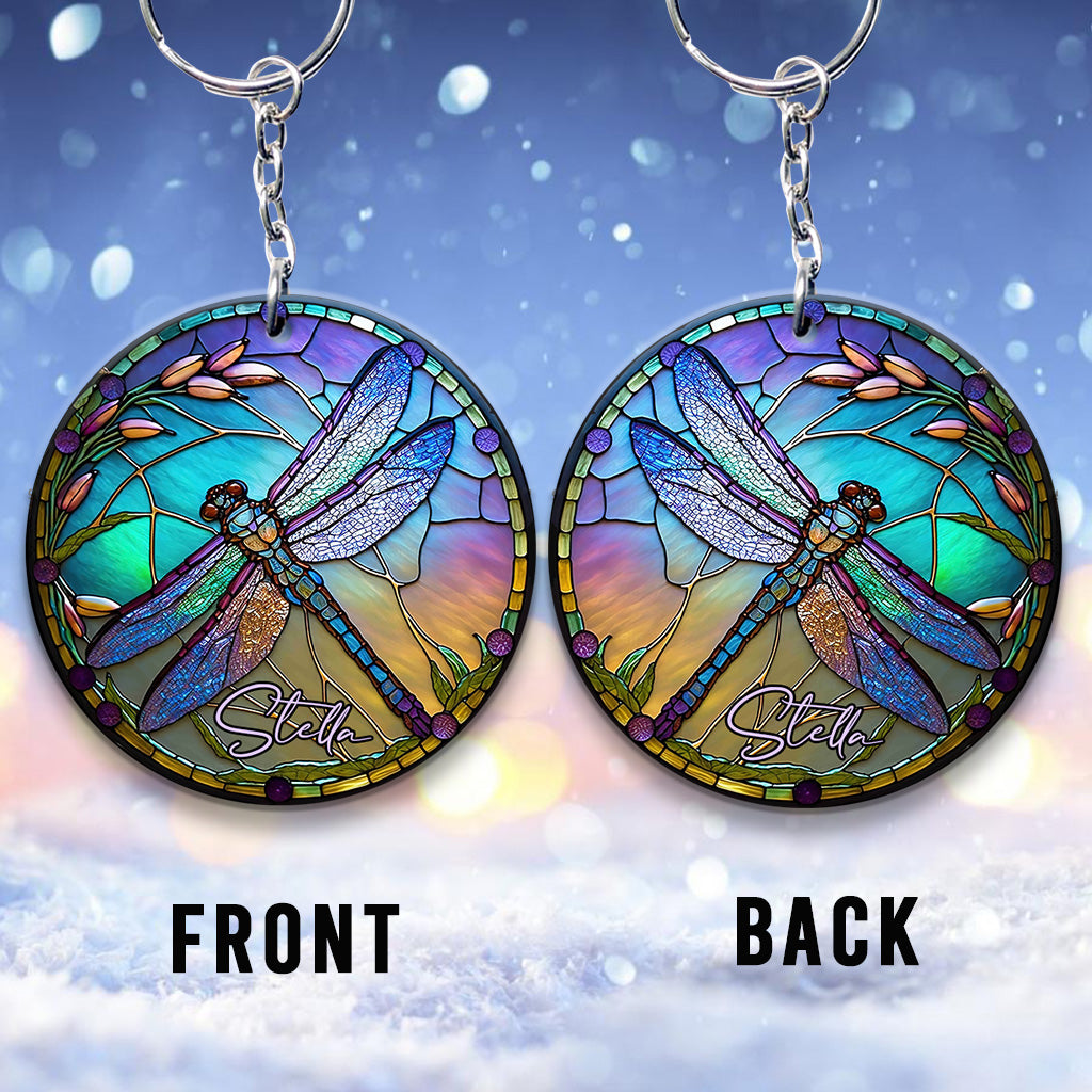 Libelle aus Buntglas – Personalisierter Libellen-Schlüsselanhänger (beidseitig bedruckt)
