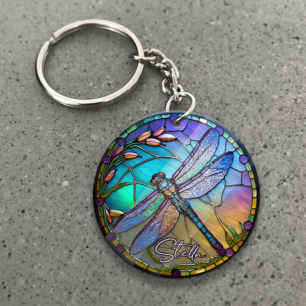 Libelle aus Buntglas – Personalisierter Libellen-Schlüsselanhänger (beidseitig bedruckt)