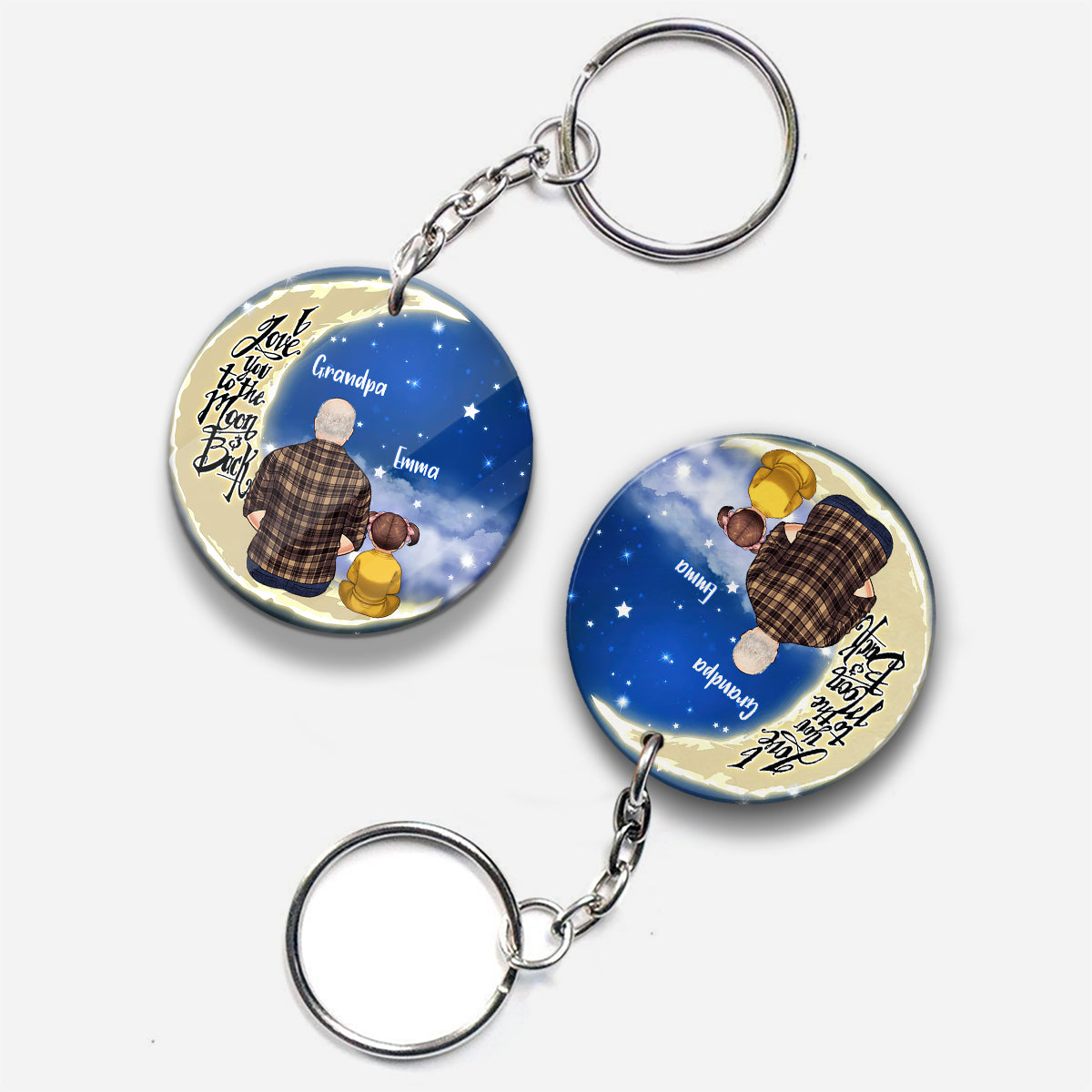 I Love You To The Moon And Back - Personalized Grandpa Keychain (Printed On Both Sides)