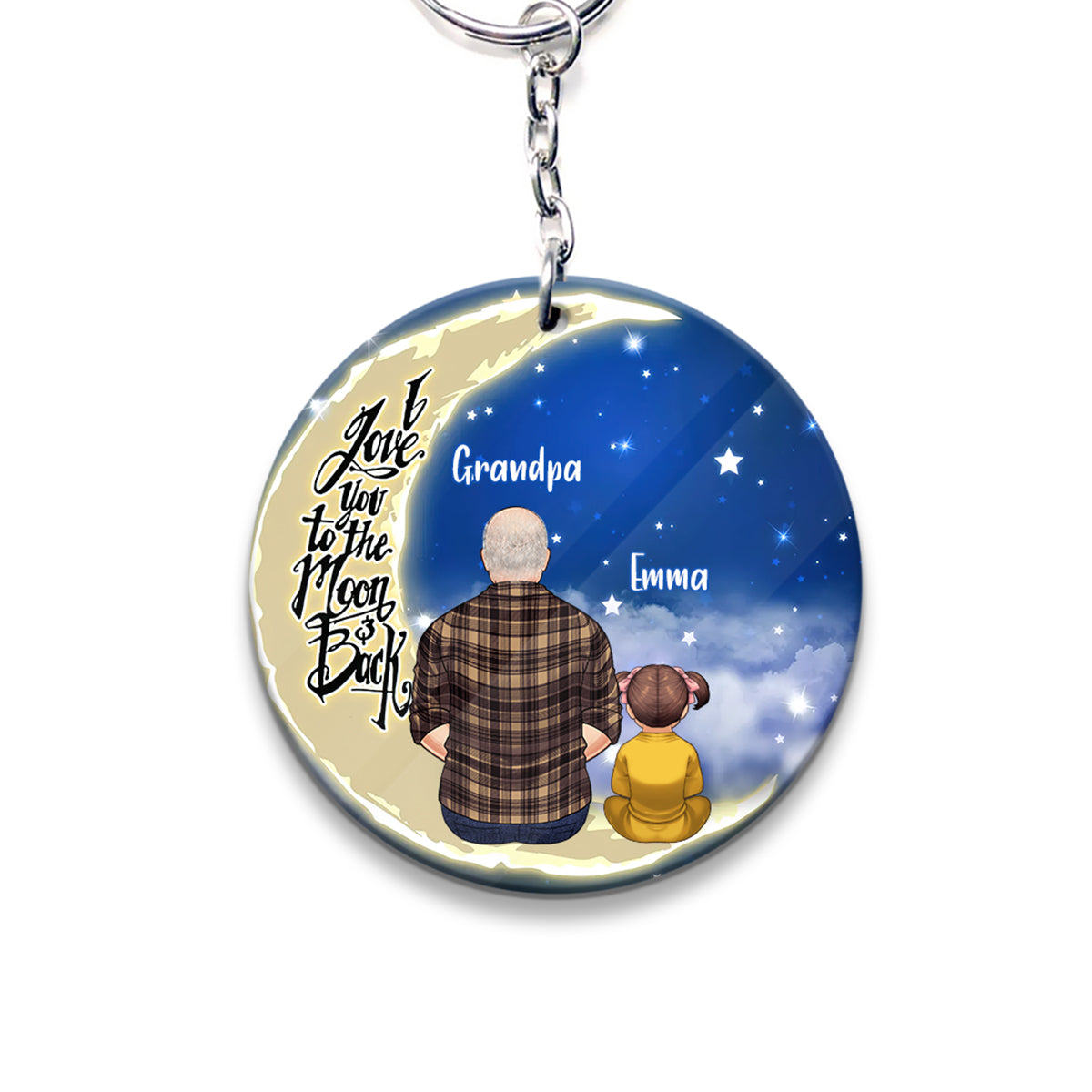 I Love You To The Moon And Back - Personalized Grandpa Keychain (Printed On Both Sides)