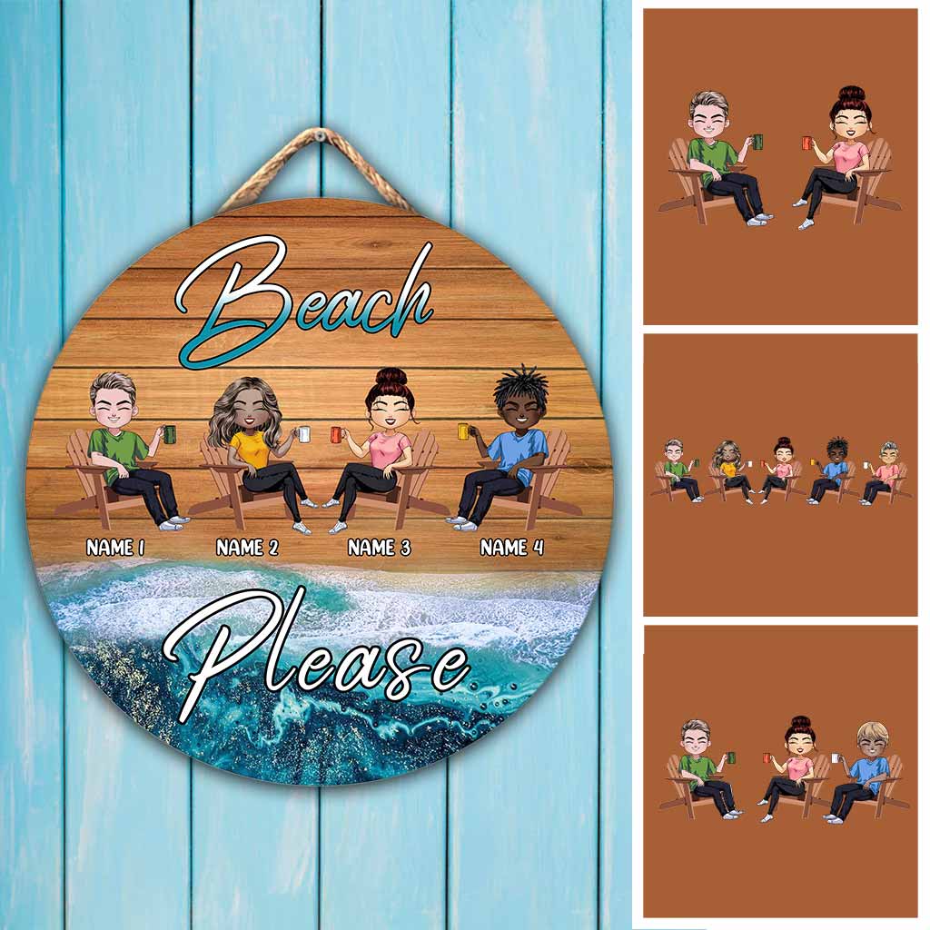 Panneau rond en bois personnalisé « Plage, s'il vous plaît » - Amoureux de la mer