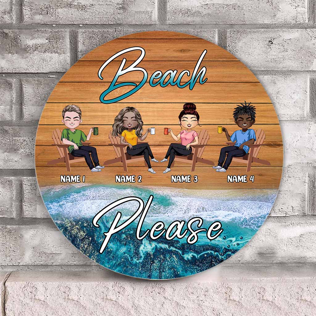 Panneau rond en bois personnalisé « Plage, s'il vous plaît » - Amoureux de la mer