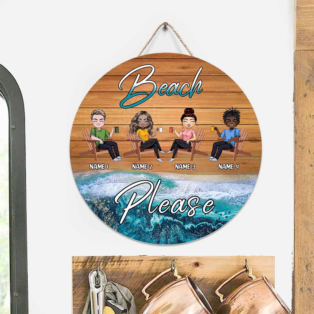 Panneau rond en bois personnalisé « Plage, s'il vous plaît » - Amoureux de la mer