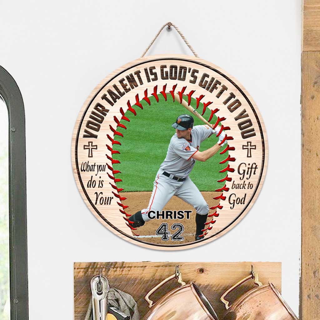 Ton talent est un don de Dieu - Panneau rond en bois personnalisé sur le thème du baseball