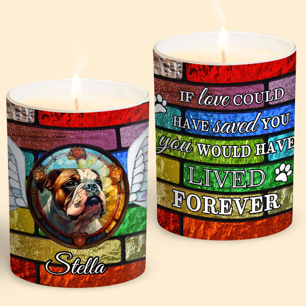 Bougie personnalisée en vitrail représentant un chien, avec couvercle en bois