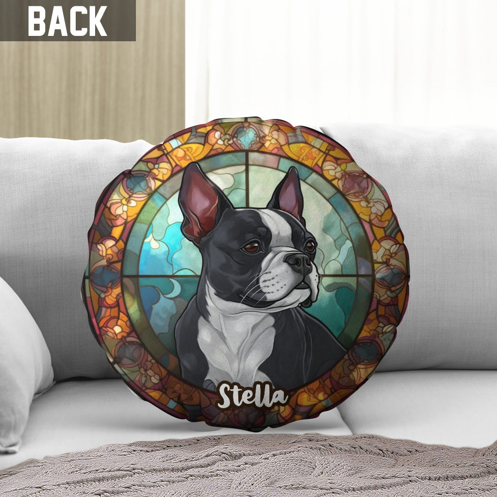 Hund aus Buntglas – personalisiertes Kissen in Hundeform
