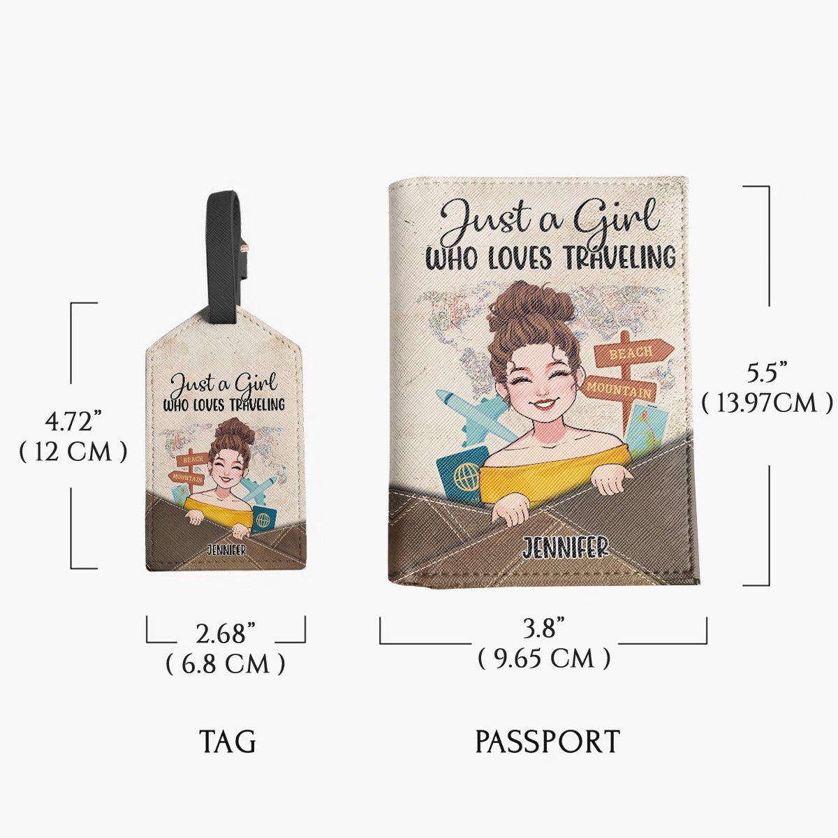 Einfach ein Mädchen, das Reisen liebt – Personalisierter Reisegepäckanhänger und Passhülle aus Leder