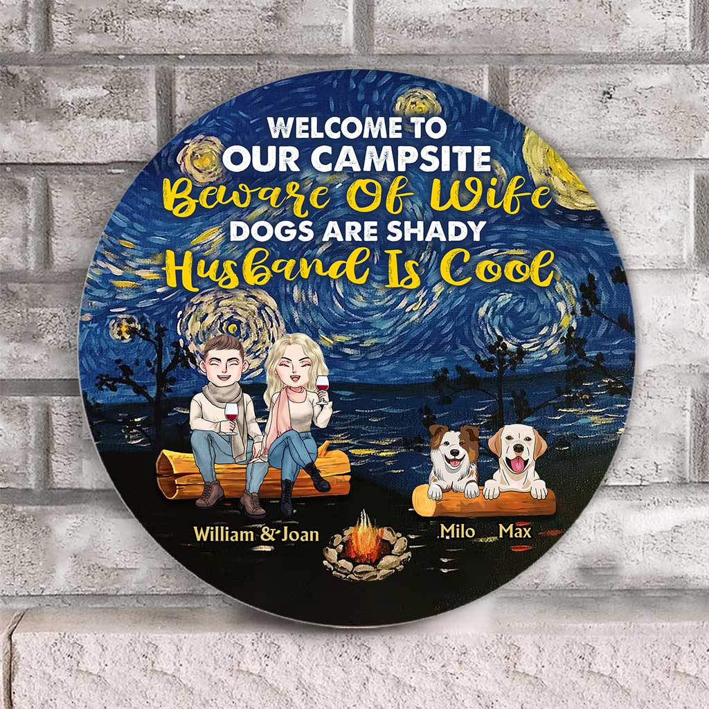 Bienvenue sur notre camping - Panneau rond en bois personnalisé pour couples