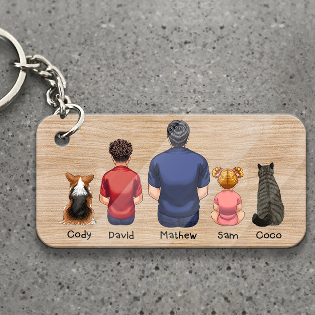 Best Dad Ever Back View Man Kids Dog Cat - Personalized Father Keychain