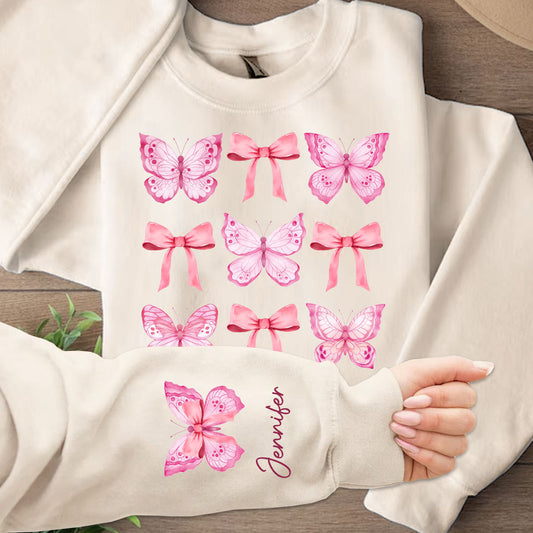 T-shirt personnalisé avec papillons aquarelle et nœud papillon rose - T-shirt à motif papillons sur toute la surface