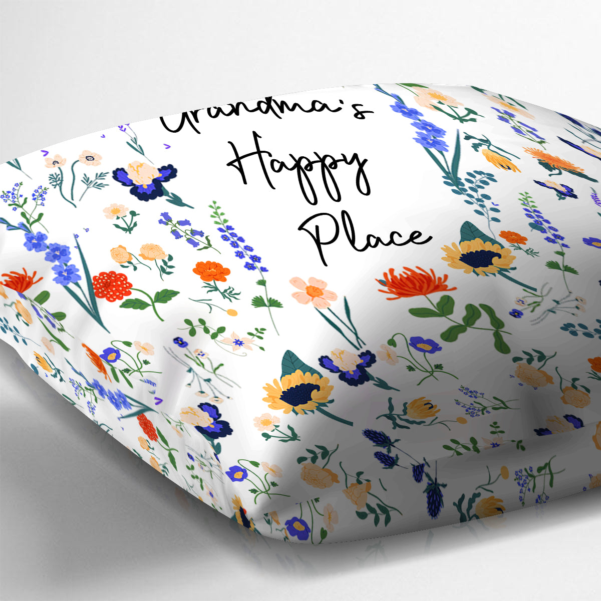 Any Title 's Happy Place Botanical Floral Style - Personalized Grandma Throw Pillow