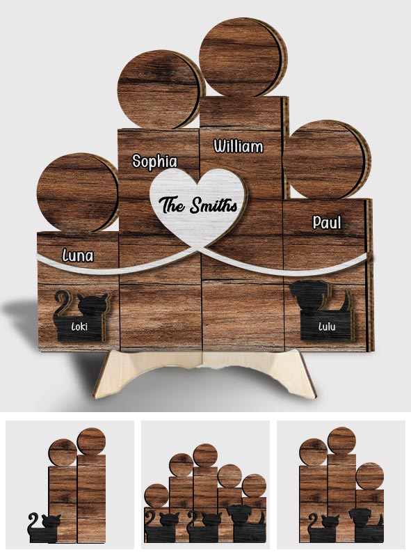 Familienfiguren aus Holzblöcken – Personalisiertes zweilagiges Familienschild aus Holz / Holzplakette