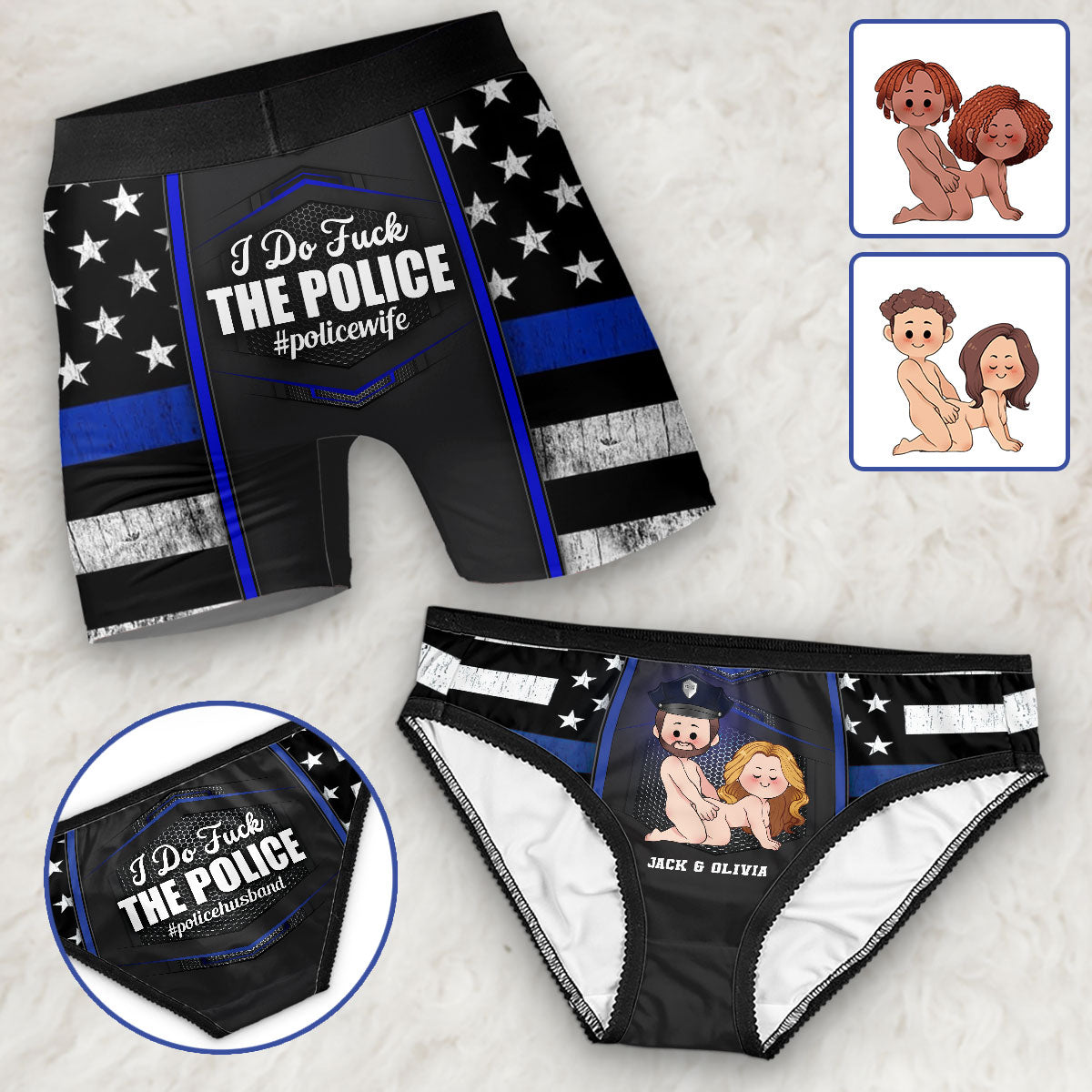 Ich liebe die Polizei – Personalisierte Damen-Slips und Herren-Boxershorts mit Polizeimotiv-Spitzenbordüre