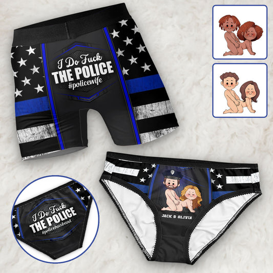 Ich liebe die Polizei – Personalisierte Damen-Slips und Herren-Boxershorts mit Polizeimotiv-Spitzenbordüre