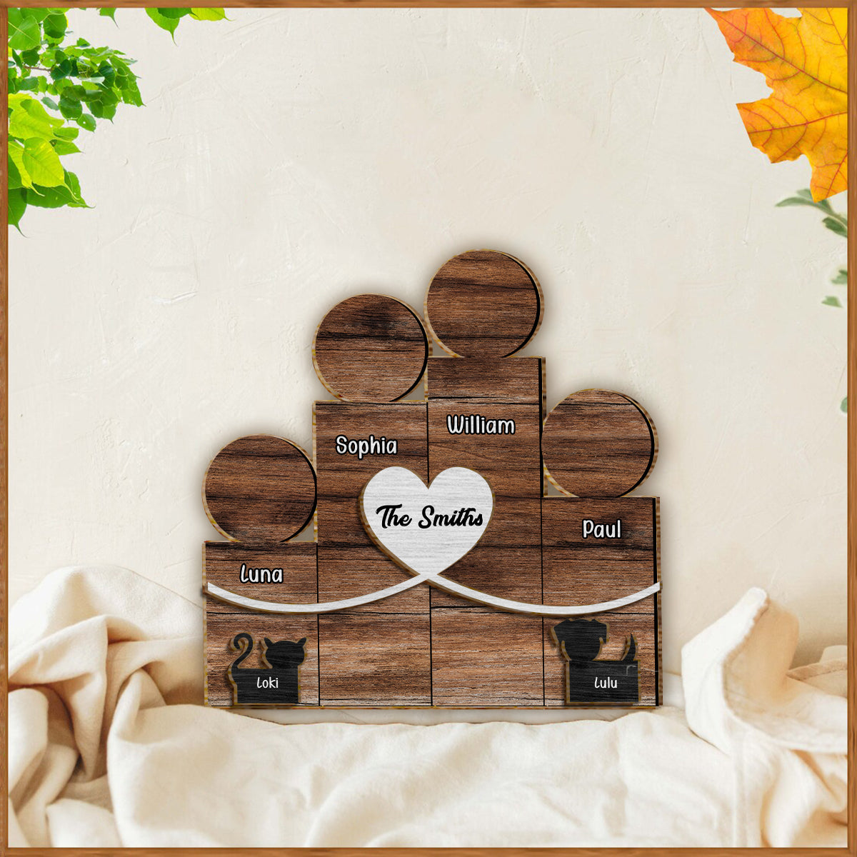 Familienfiguren aus Holzblöcken – Personalisiertes zweilagiges Familienschild aus Holz / Holzplakette