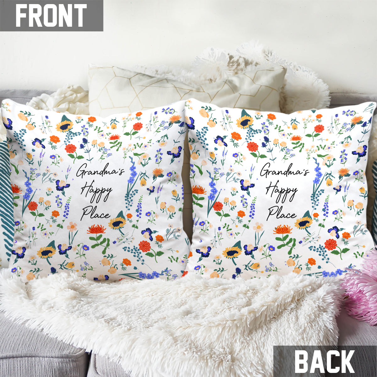 Any Title 's Happy Place Botanical Floral Style - Personalized Grandma Throw Pillow