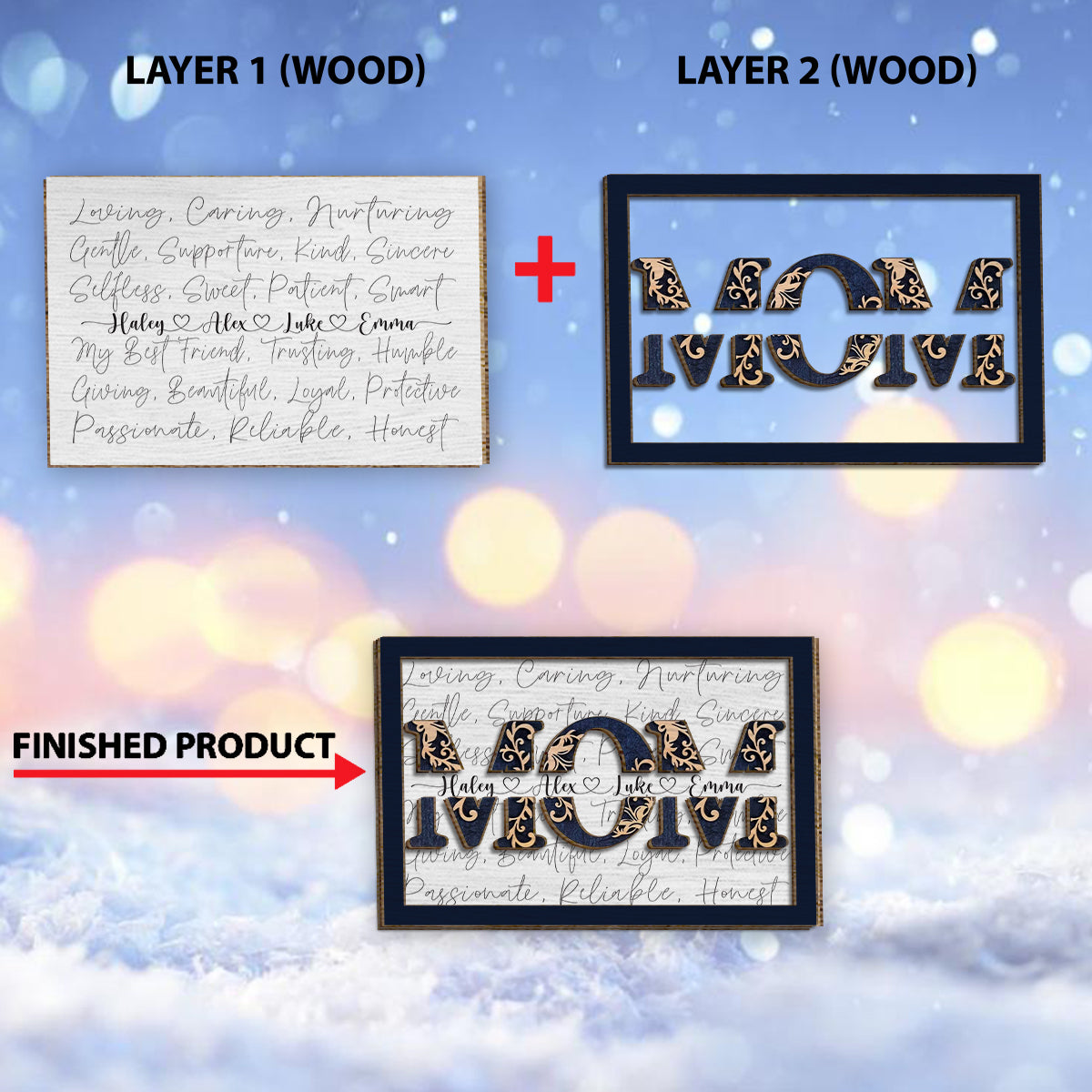 Mom With Kids' Names - Personalized Mother 2 Layered Wood Sign / Wood Plaque