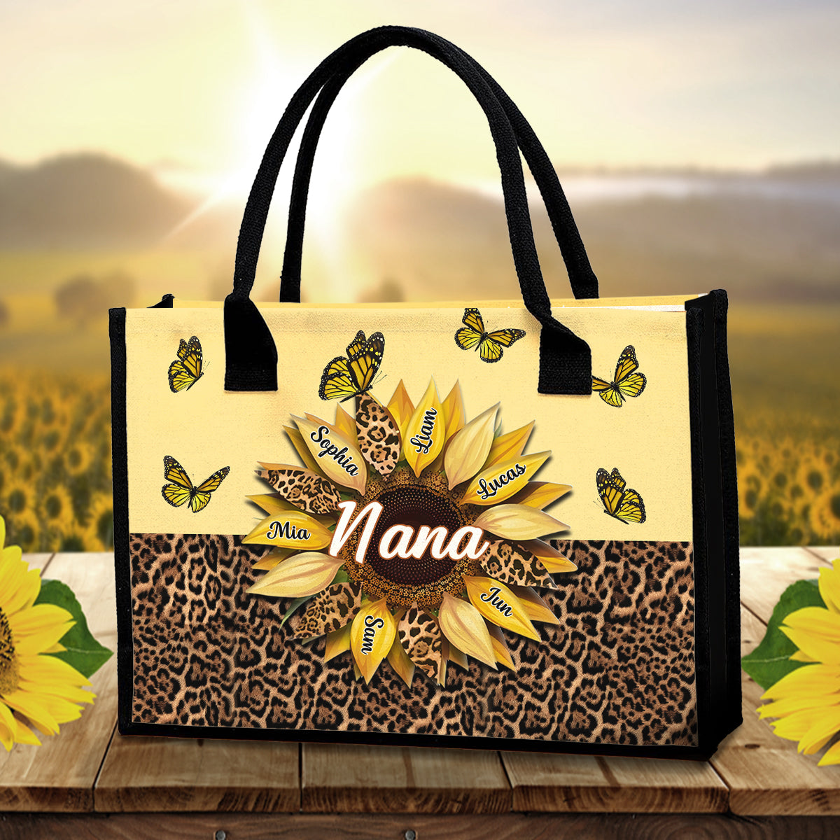 Nana Mom Auntie Family Sunflower Butterflies - Personalized Grandma Canvas Tote Bag