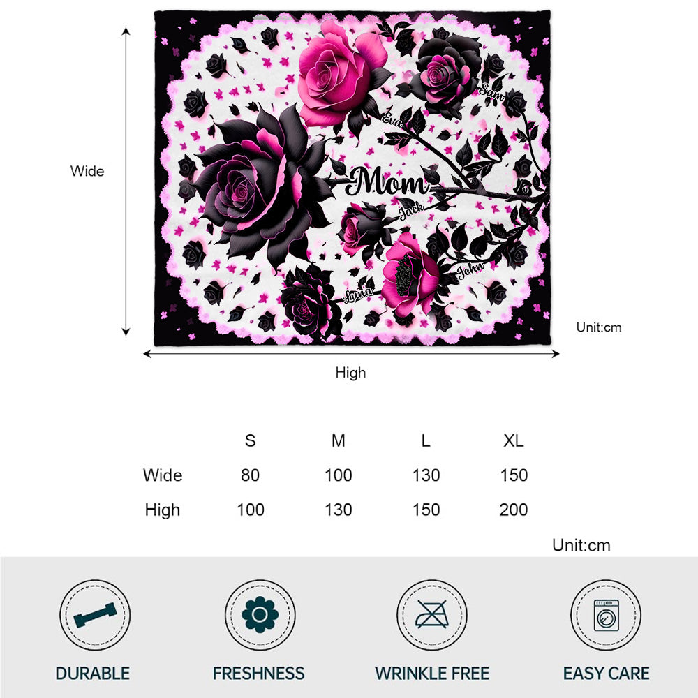 Mother Grandma And Children Black And Pink Roses - Personalized Mother Blanket
