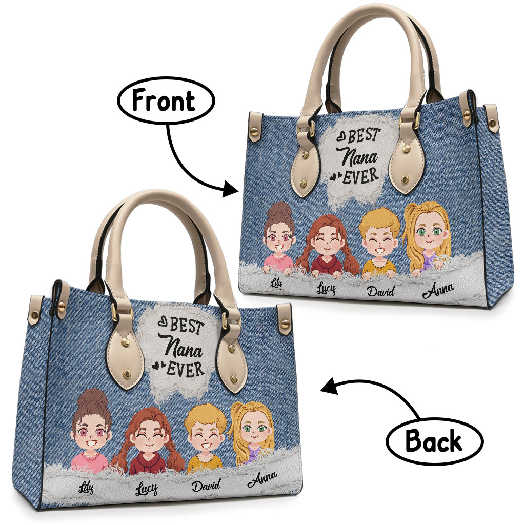 Best Nana Ever Denim Pattern - Personalized Grandma Leather Handbag