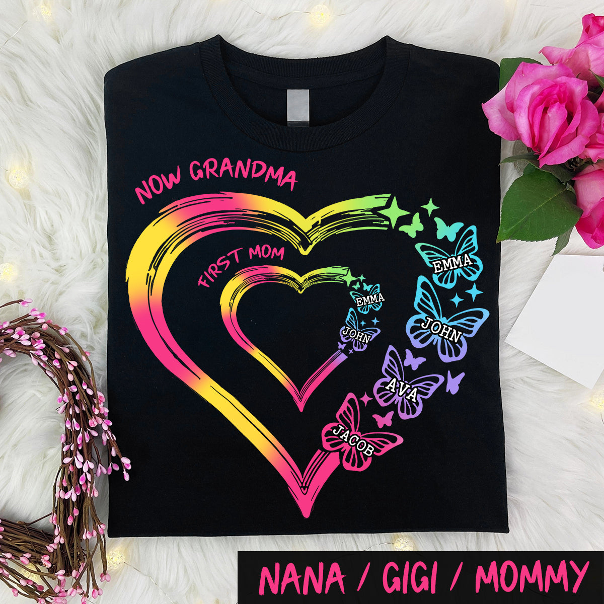 Beliebiger Titel für Mutter und Oma, Doppelherz, bunt - Personalisiertes Oma-T-Shirt und Hoodie