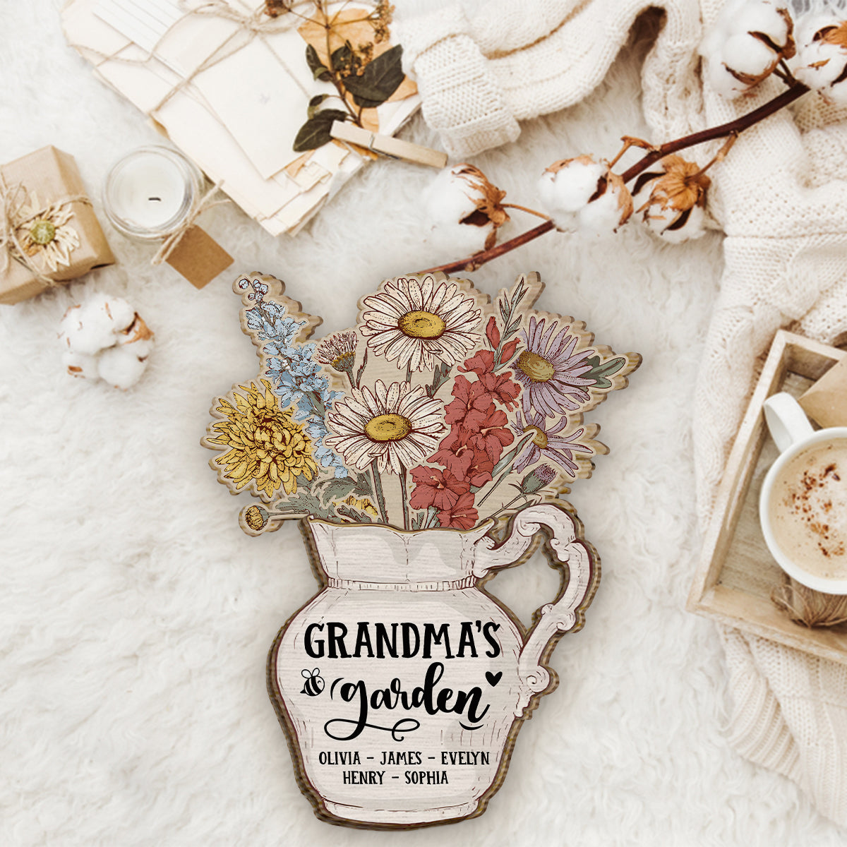 Grandma's Garden Birth Flowers Vase - Personalized Grandma 2 Layered Wood Sign / Wood Plaque