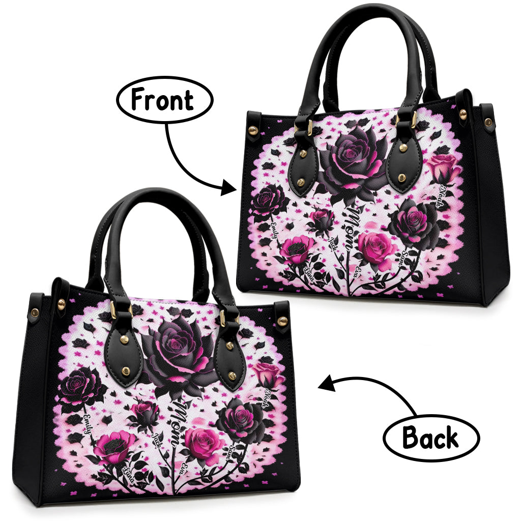 Mother Grandma And Children Black And Pink Roses - Personalized Mother Leather Handbag
