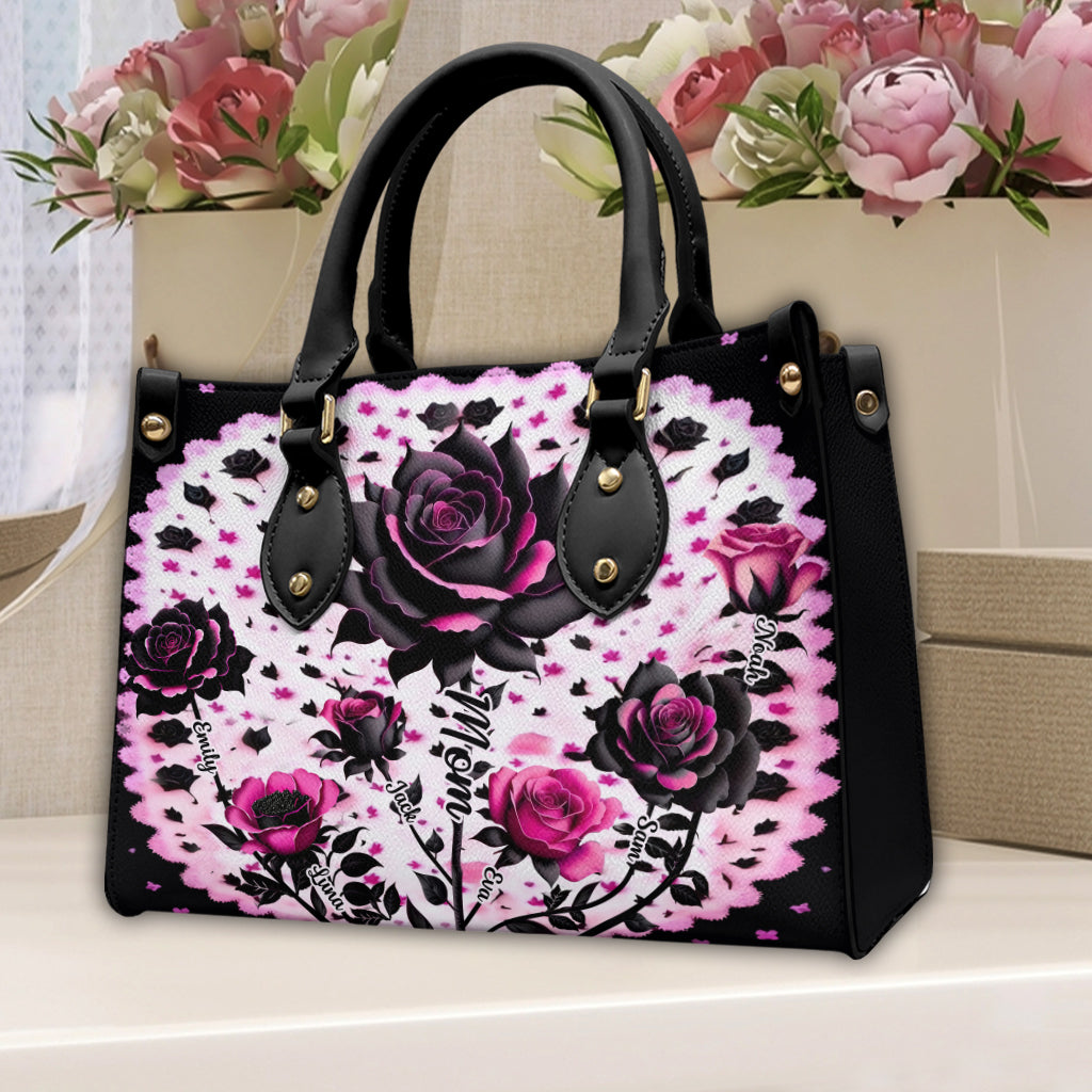 Mother Grandma And Children Black And Pink Roses - Personalized Mother Leather Handbag