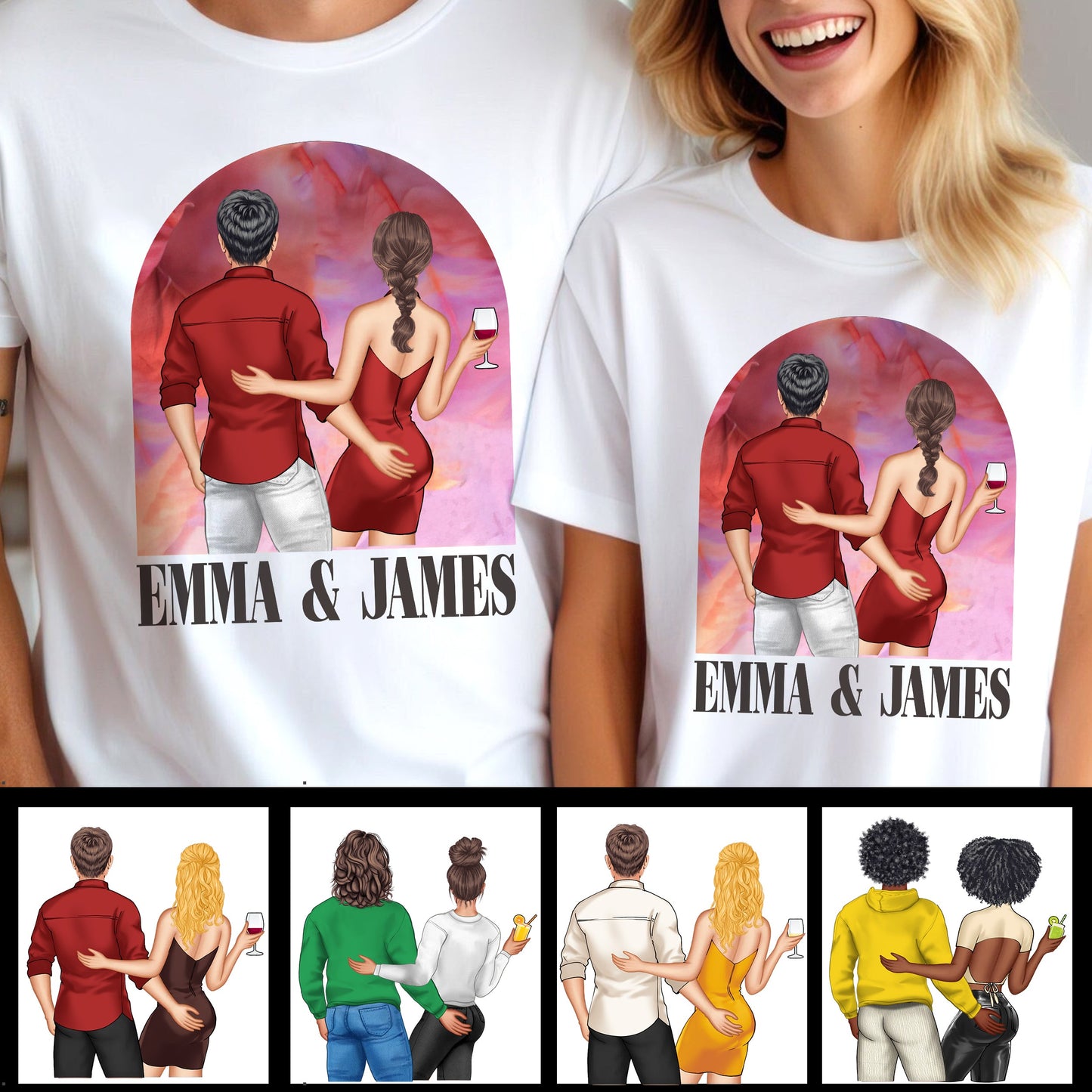 Pink Movie Background Couple - Personalized Couple T-shirt And Hoodie