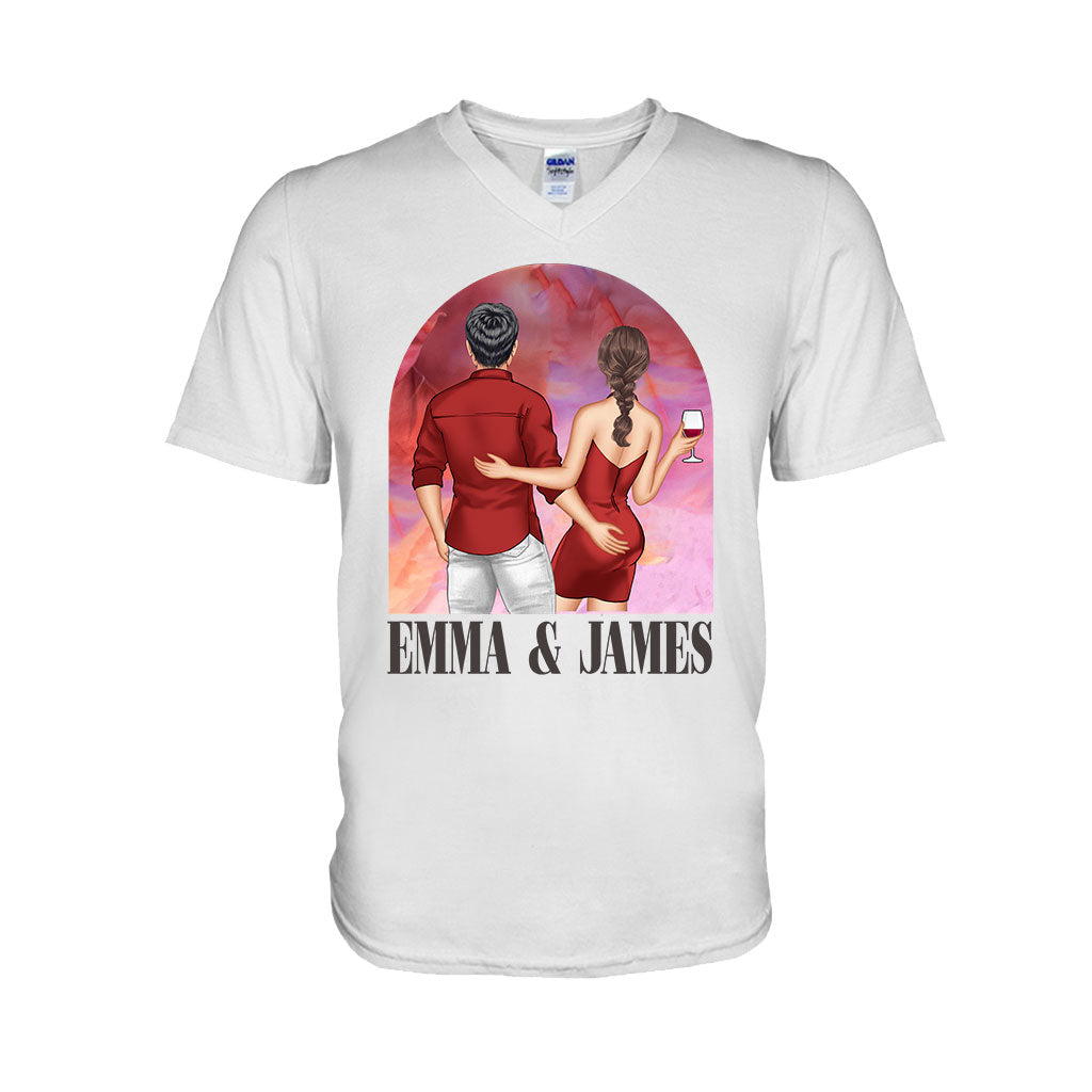 Pink Movie Background Couple - Personalized Couple T-shirt And Hoodie