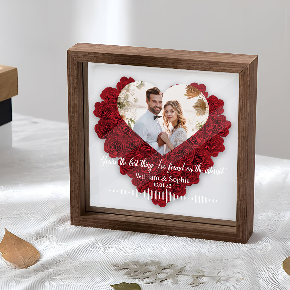 Custom Photo, Names, Date, Message And Soundwave - Personalized Couple Flower Shadow Box