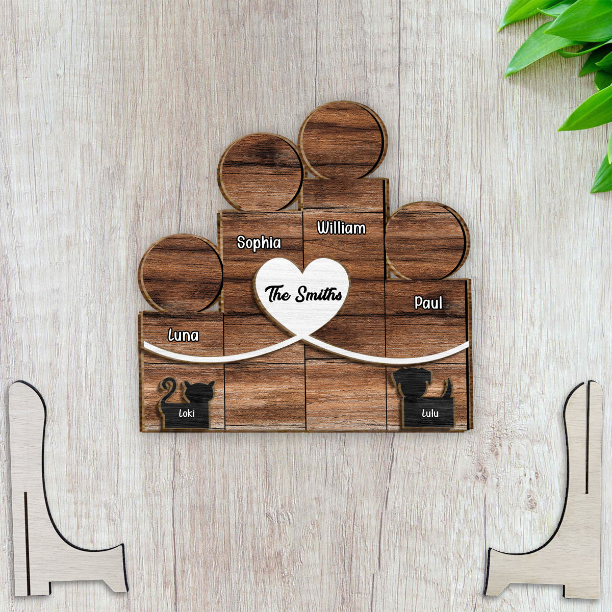 Familienfiguren aus Holzblöcken – Personalisiertes zweilagiges Familienschild aus Holz / Holzplakette
