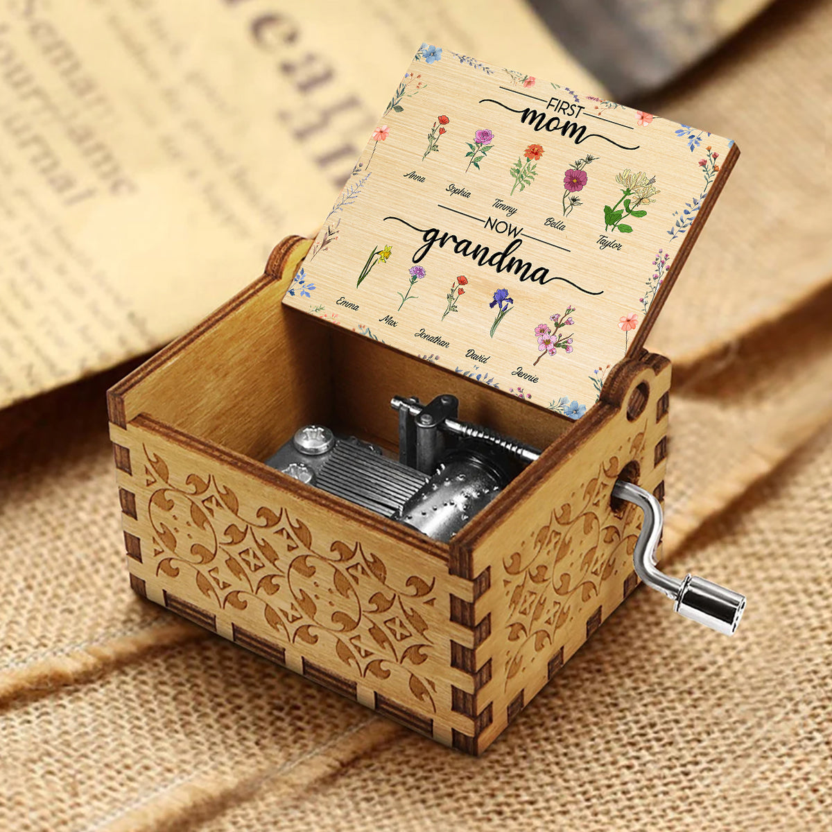 First Mom Now Grandma Any Name & Number Of Kids With Personalized Birth Flowers - Personalized Grandma Hand Crank Music Box