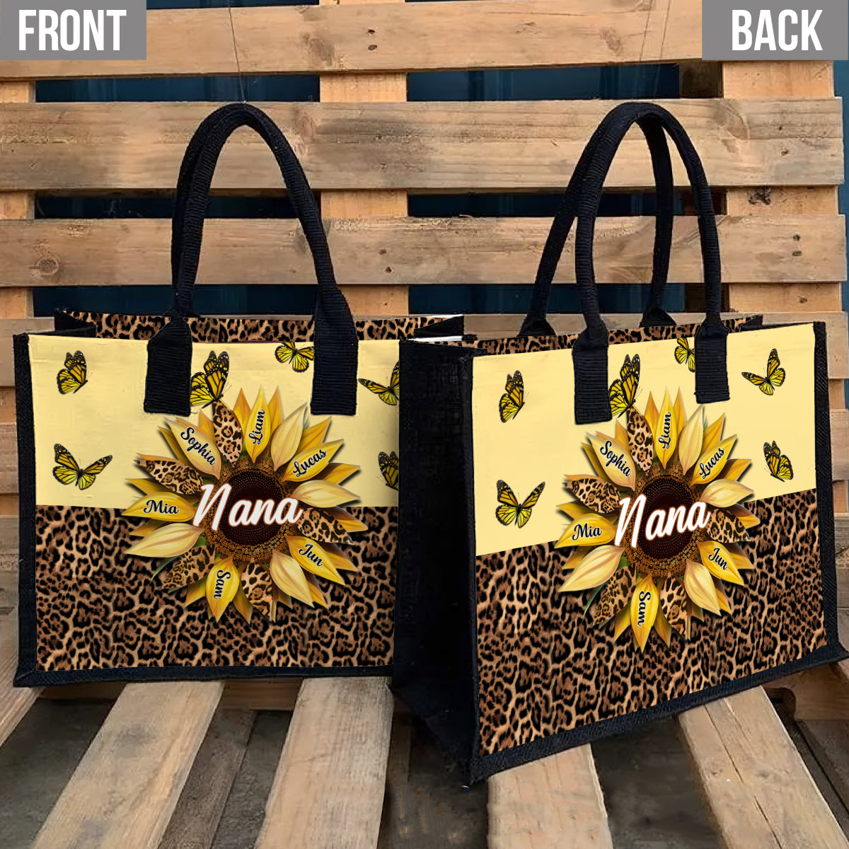 Nana Mom Auntie Family Sunflower Butterflies - Personalized Grandma Canvas Tote Bag