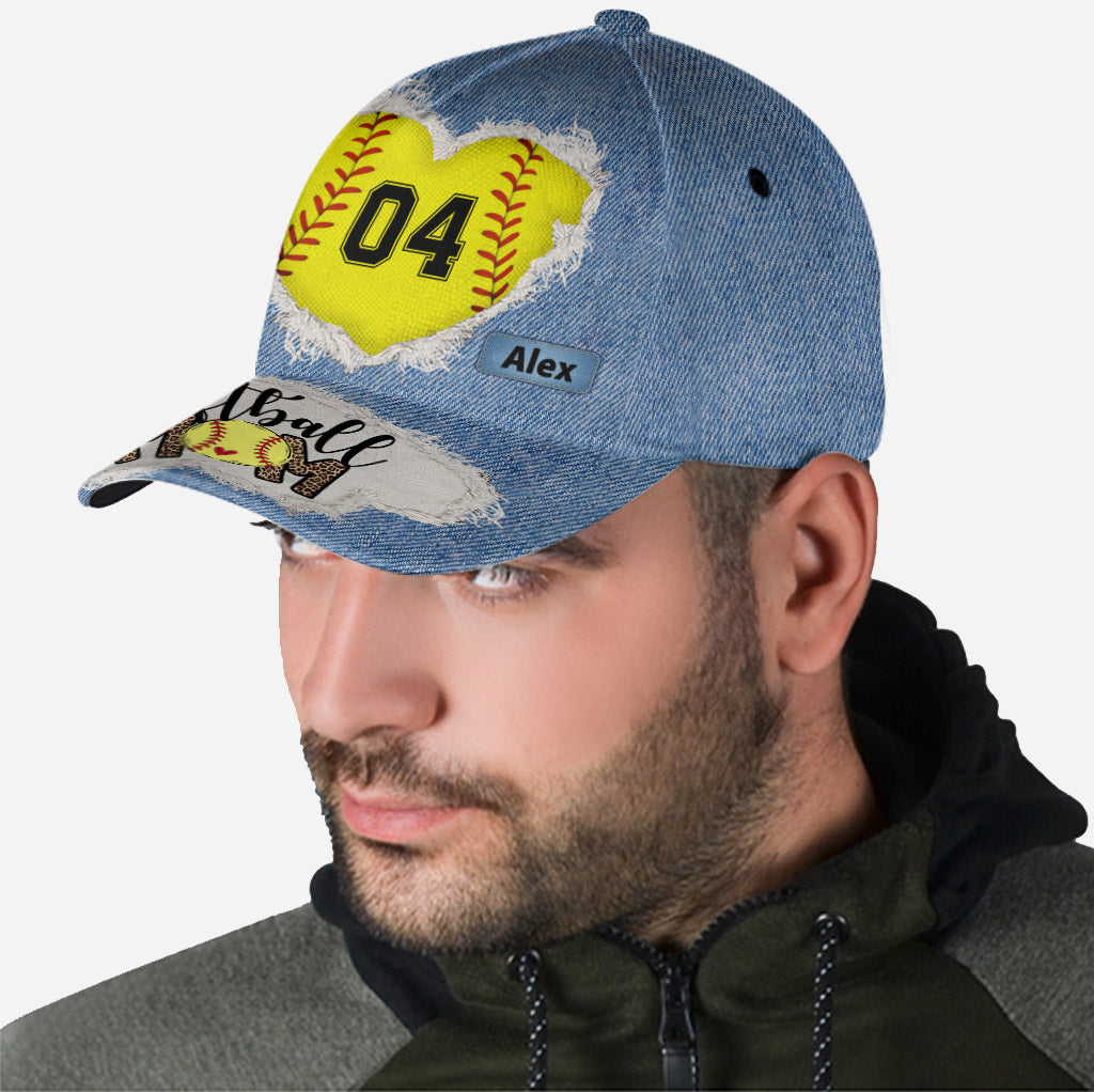 Softball Mom Number Custom Denim Pattern - Personalized Softball Classic Cap