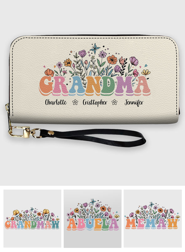 Portefeuille long en cuir personnalisé « Maman Grand-mère Floral »
