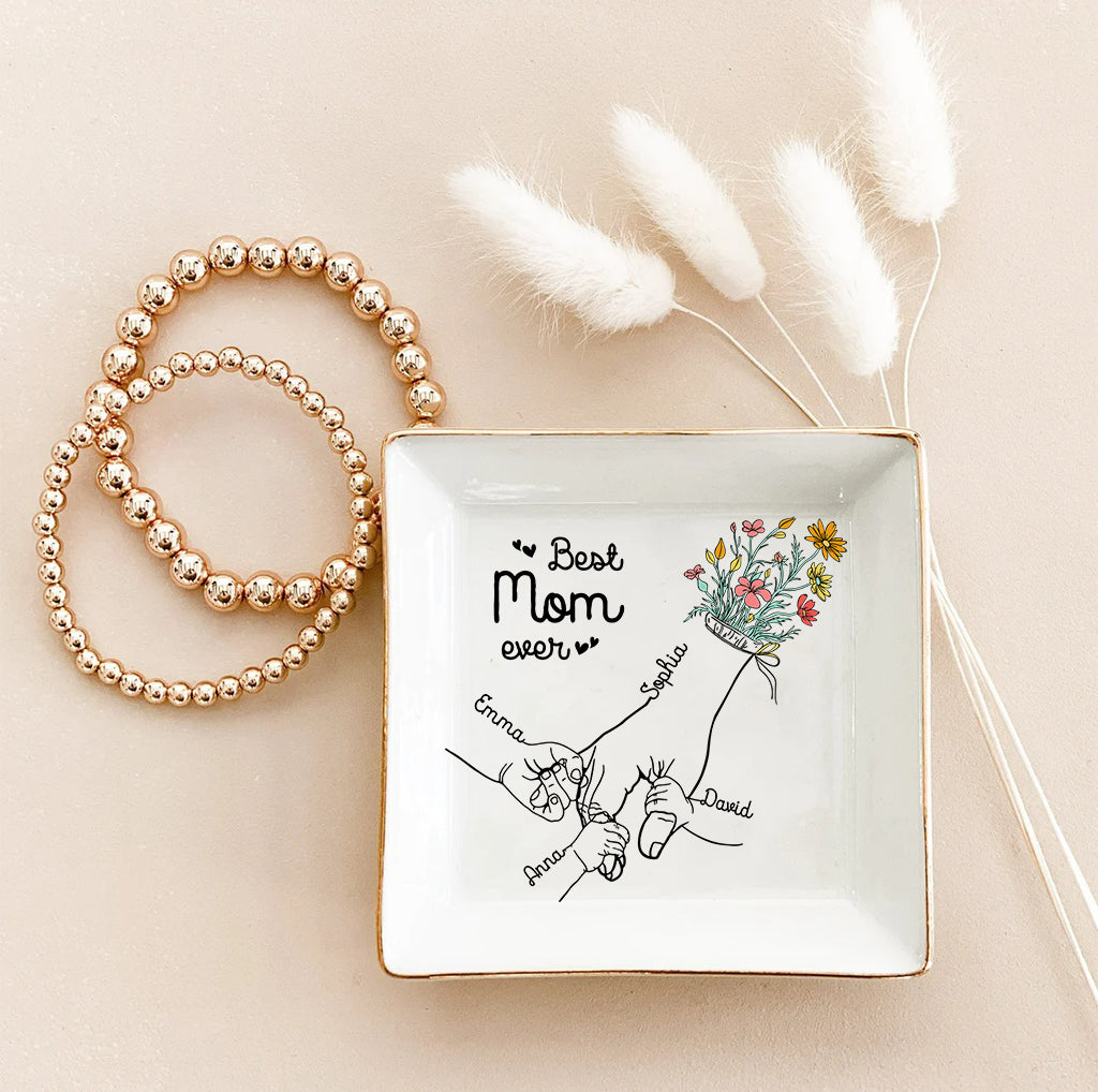 Mom And Children Hands Line Art - Personalized Mother Jewelry Dish