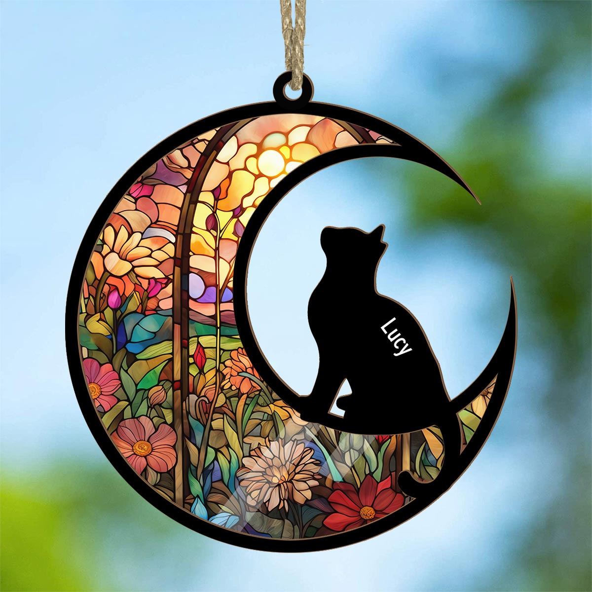 Silhouette de chat en vitrail - Attrape-soleil chat personnalisé