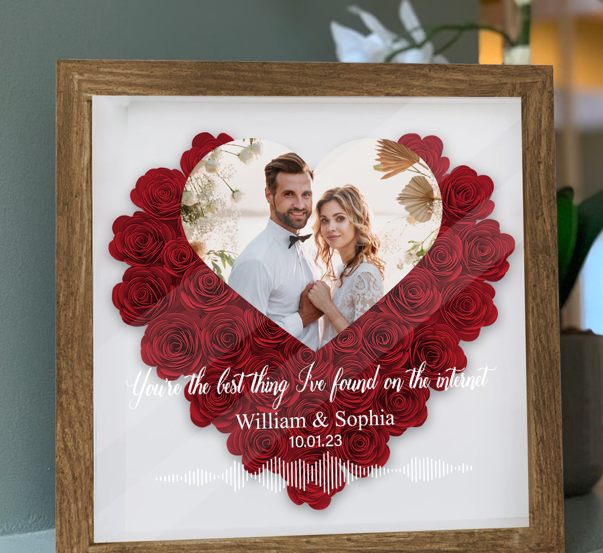 Custom Photo, Names, Date, Message And Soundwave - Personalized Couple Flower Shadow Box