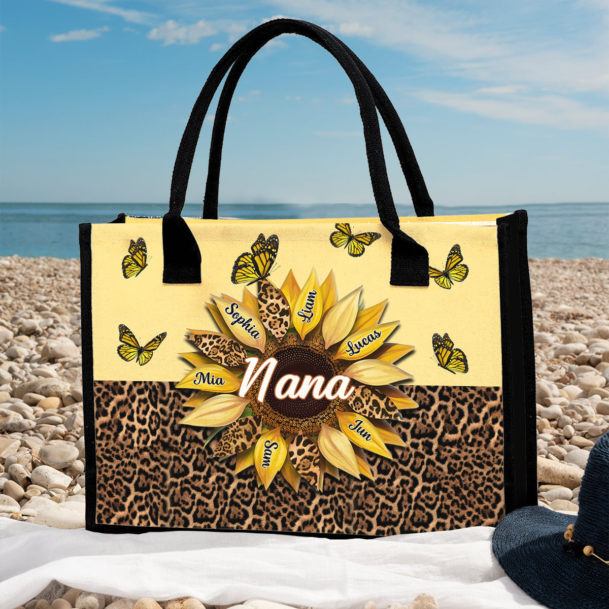 Nana Mom Auntie Family Sunflower Butterflies - Personalized Grandma Canvas Tote Bag
