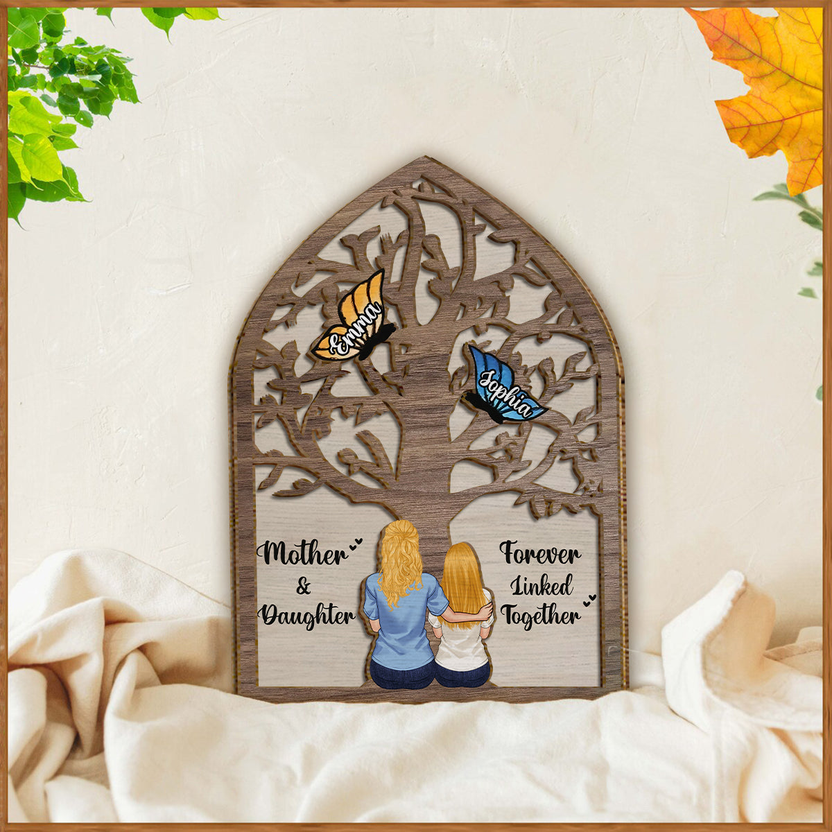 Mother And Daughter And Son Forever Linked Together Butterflies - Personalized Mother 2 Layered Wood Sign / Wood Plaque